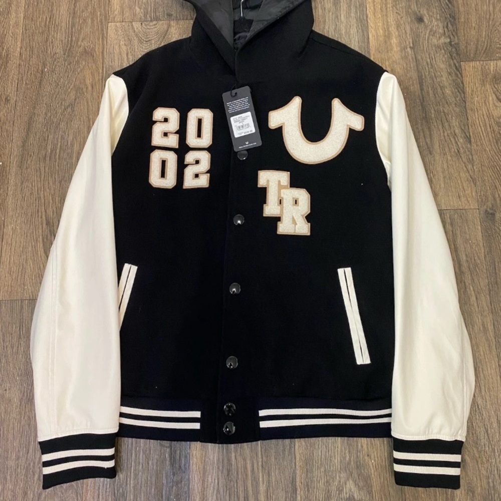 True Religion Black and White Hooded Varsity Jacket with Patches NWT $239 Sz L
